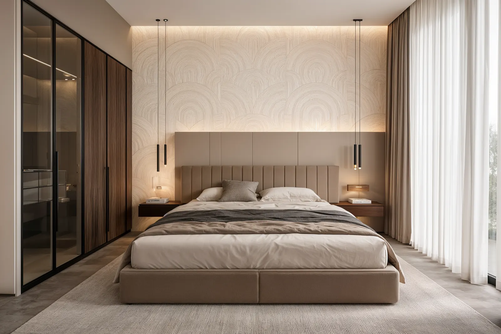 Chambre avec dressing vitré et tête de lit capitonnée