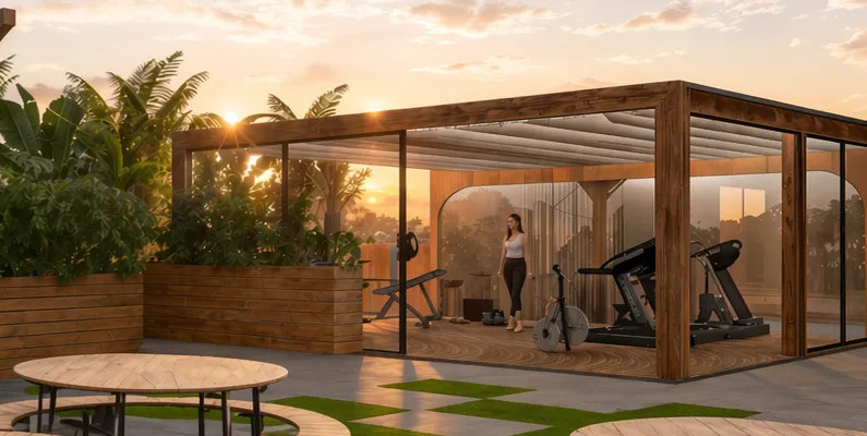 Salle de sport vitrée avec tapis de course et vélo, sur le rooftop