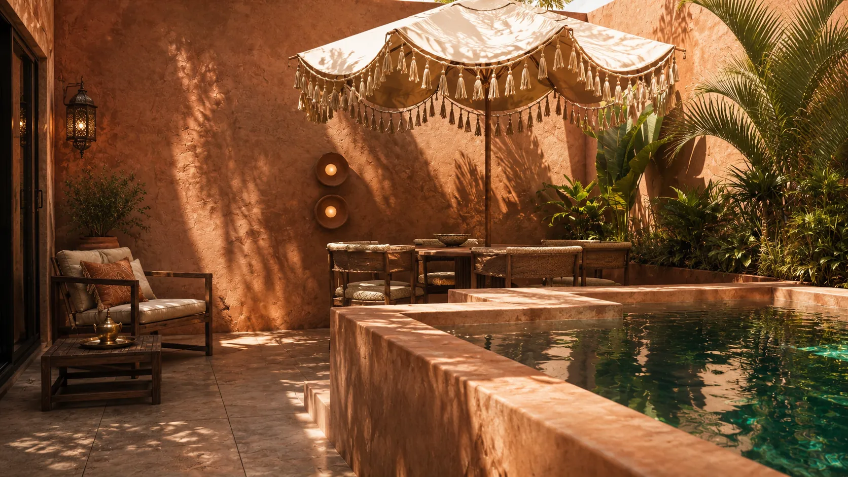 Patio aux murs ocre avec bassin, parasol à franges et salon d’extérieur